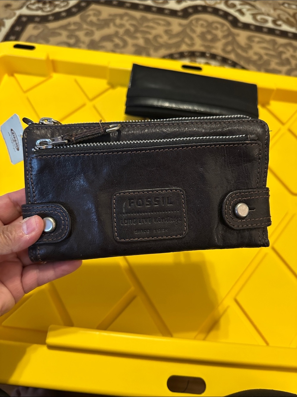 Vintage Fossil Dark Brown Leather Zip & Snap Wallet